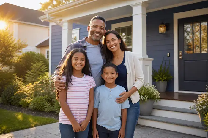 Happy family outside their home