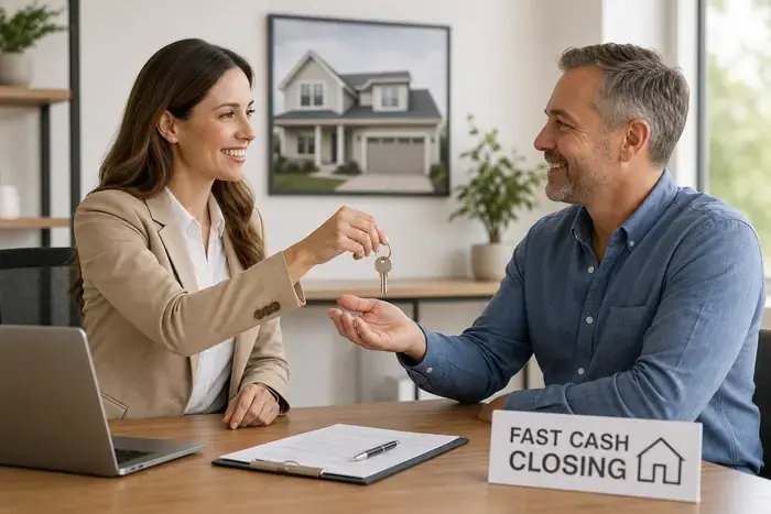 Woman handing over house keys at closing